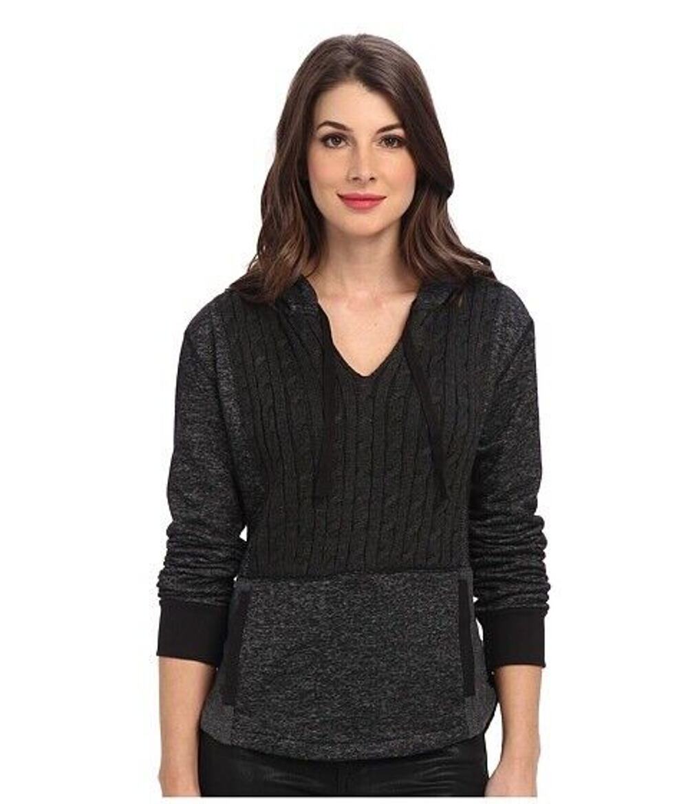 Sanctuary Cable Front French Terry Hoodie Sweatshirt Black Mixed Knit Womens XS